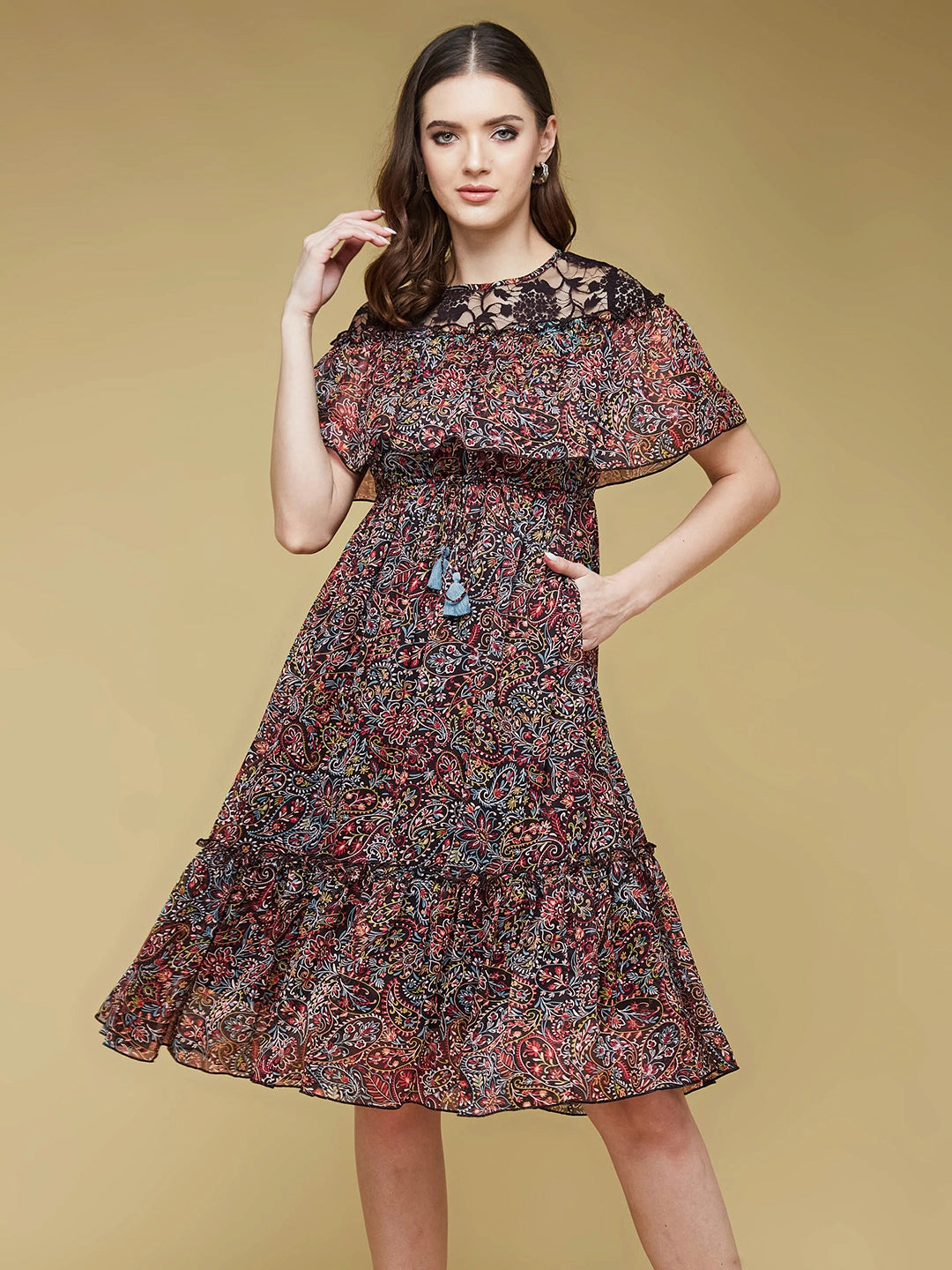 Women's Multicolored-Base-Black Round Neck Sleeveless Polyester Ruffled Knee- Length Dress Tassel-Detail