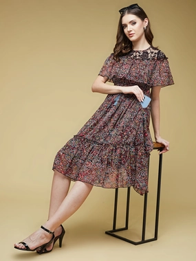 Women's Multicolored-Base-Black Round Neck Sleeveless Polyester Ruffled Knee- Length Dress Birthday-Celebration Easy Comfort Look