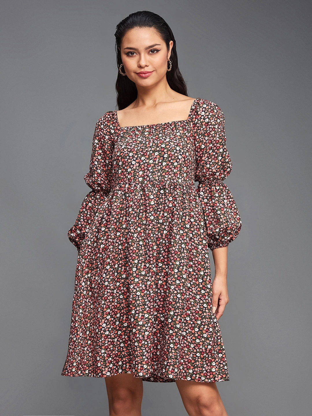 Women's Multicolored-Base-Black Square Bishop Sleeve Viscose Rayon Floral Gathered Above Knee Dress Airy Drape Vintage Vibe