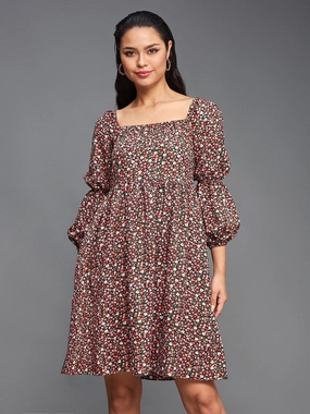 Women's Multicolored-Base-Black Square Bishop Sleeve Viscose Rayon Floral Gathered Above Knee Dress Airy Drape Vintage Vibe