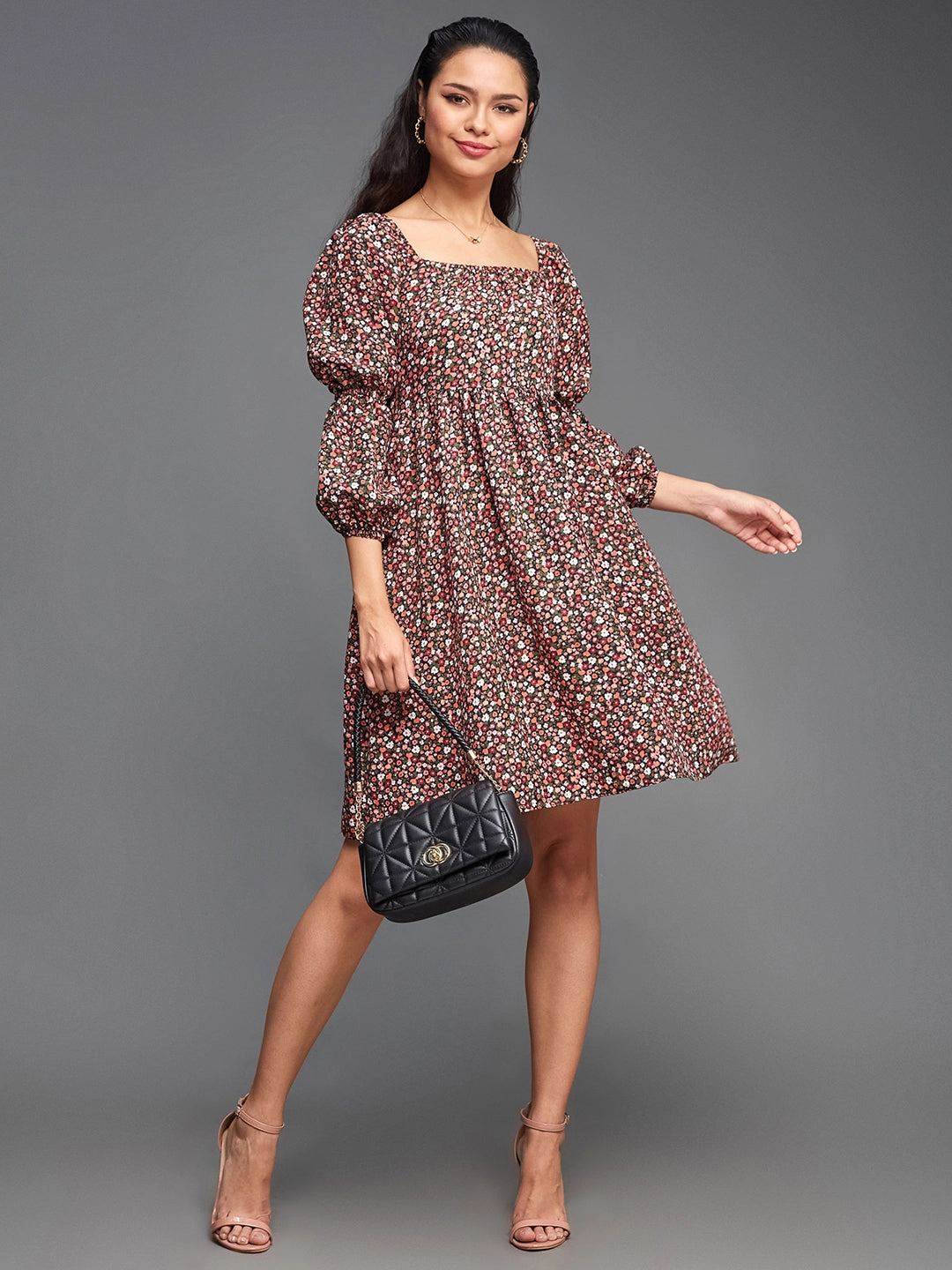 Layered Comfort Wear Women's Multicolored-Base-Black Square Bishop Sleeve Viscose Rayon Floral Gathered Above Knee Dress