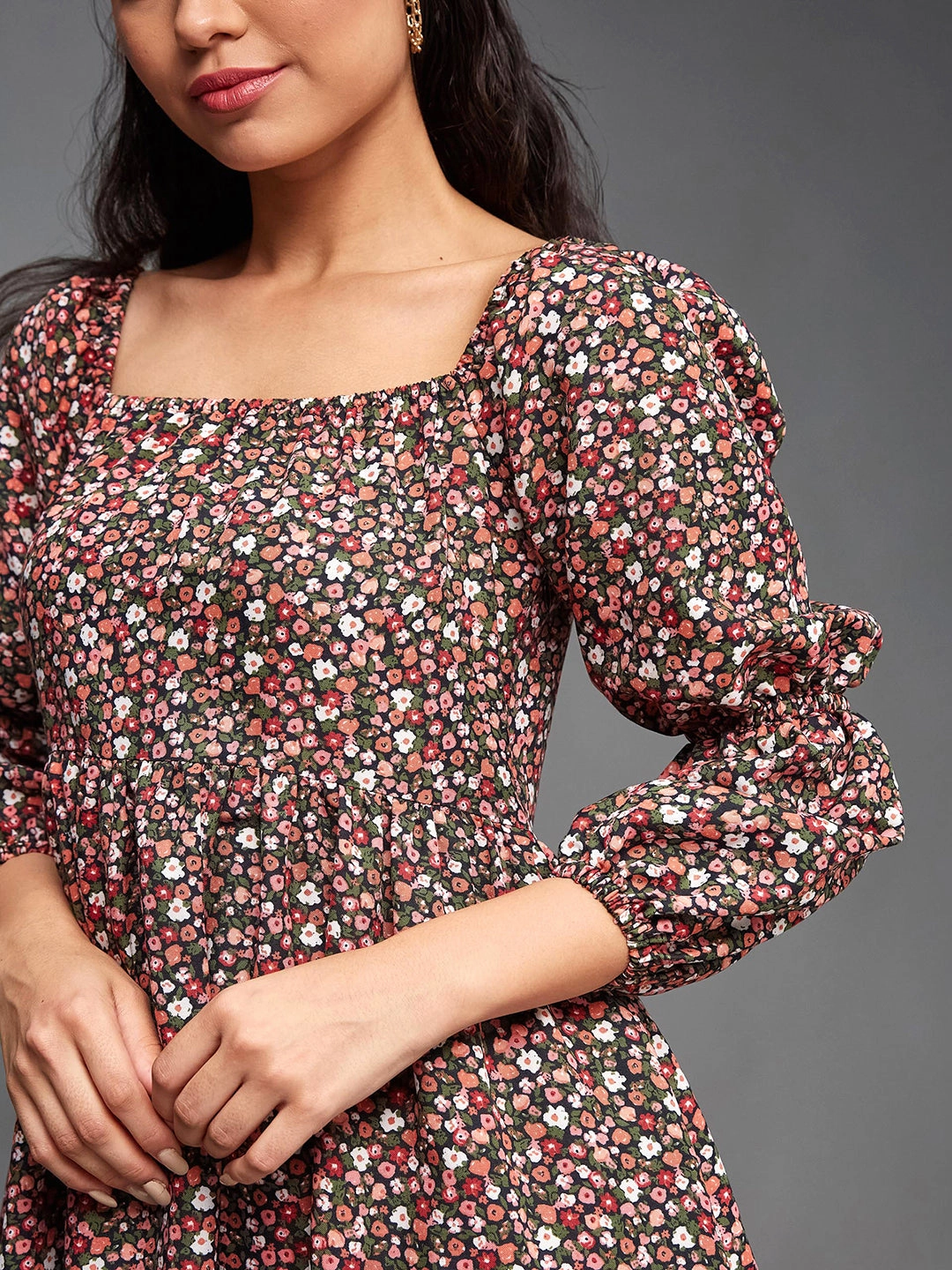 Women's Multicolored-Base-Black Square Bishop Sleeve Viscose Rayon Floral Gathered Above Knee Dress Lightweight-Layer Comfy Style