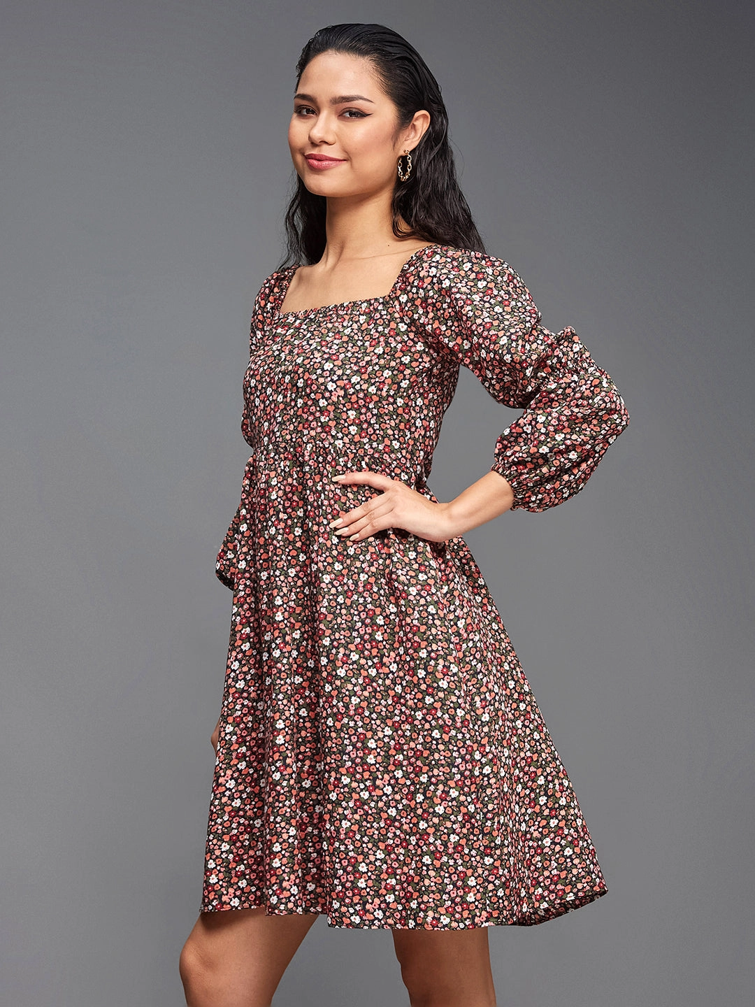 Women's Multicolored-Base-Black Square Bishop Sleeve Viscose Rayon Floral Gathered Above Knee Dress elegant design Smart Design