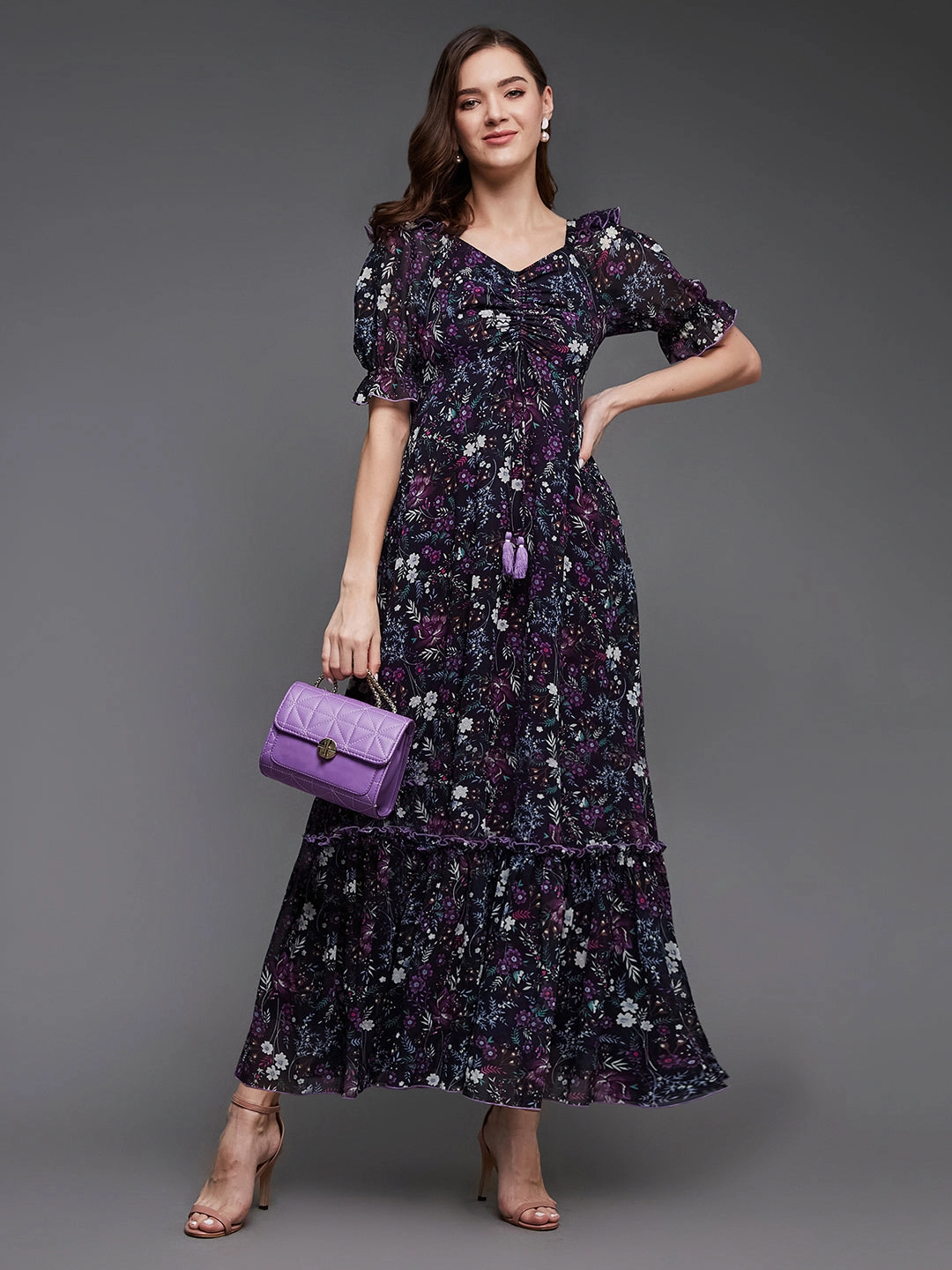 Women's Multicolored-Base-Black Sweetheart-Neck Puffed Sleeve Floral Ruching Georgette Maxi Dress Bright bold dress Hot Now