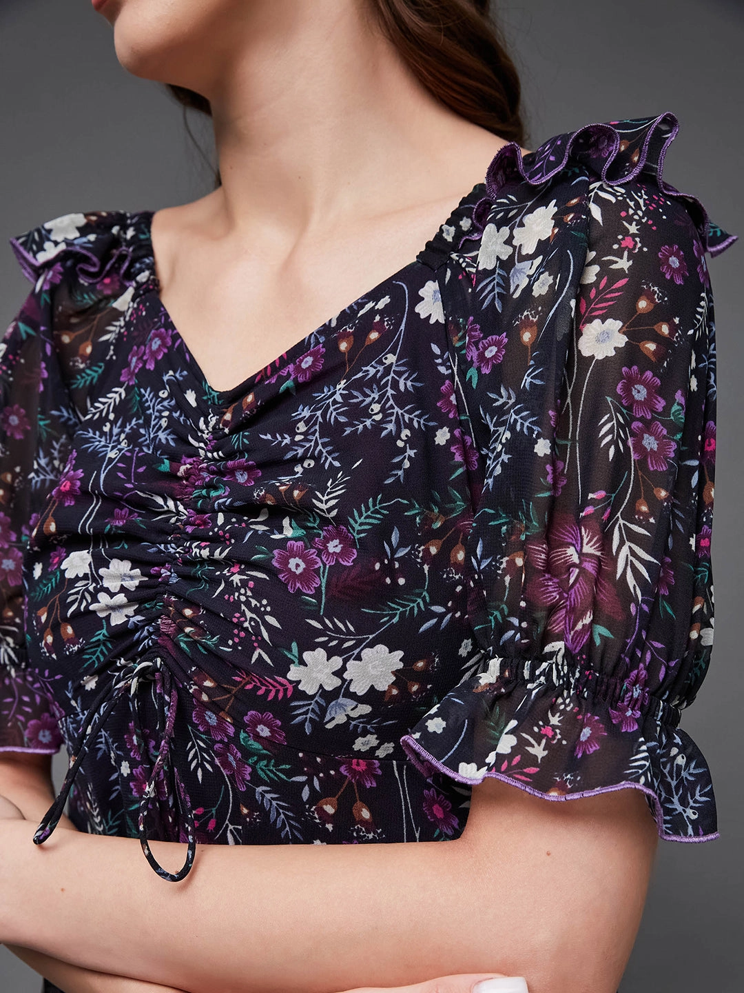 Subtle Edge Light Elegance Women's Multicolored-Base-Black Sweetheart-Neck Puffed Sleeve Floral Ruching Georgette Maxi Dress