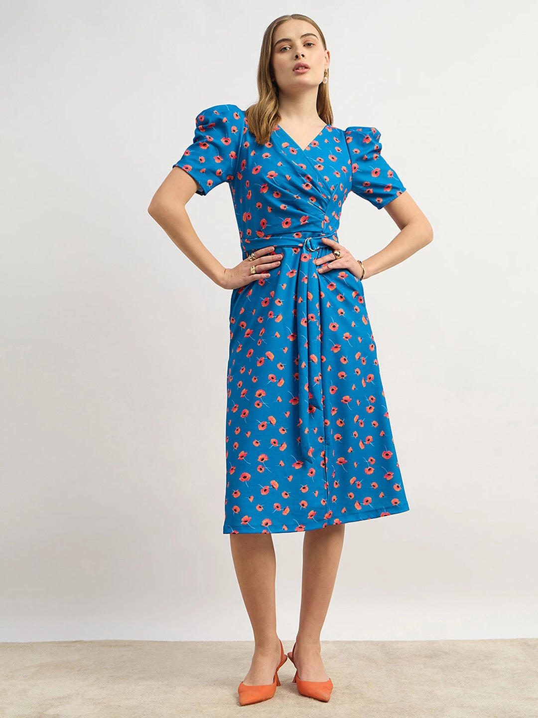 Soft Appearance Women's Multicolored-Base-Blue V-Neck Pleated Puff Sleeve Floral Patterned Wrap Midi Polyester Dress