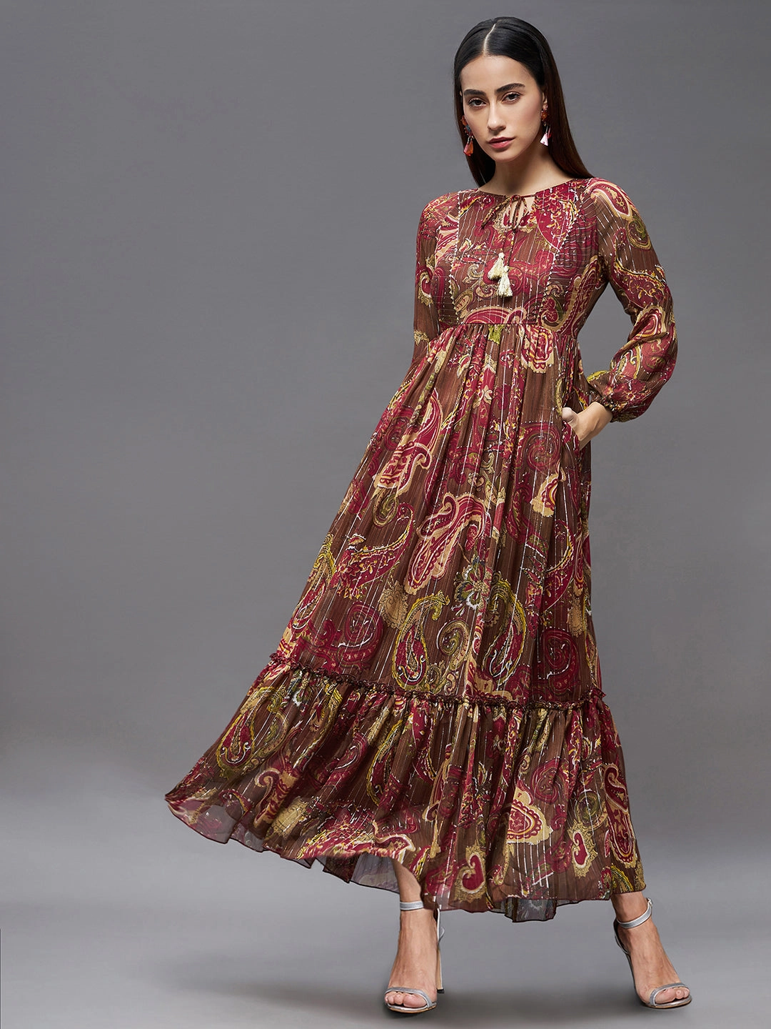 Comfortable Waistband Striped-Pattern Women's Multicolored-Base-Brown Relaxed Fit Maxi Chiffon Dress