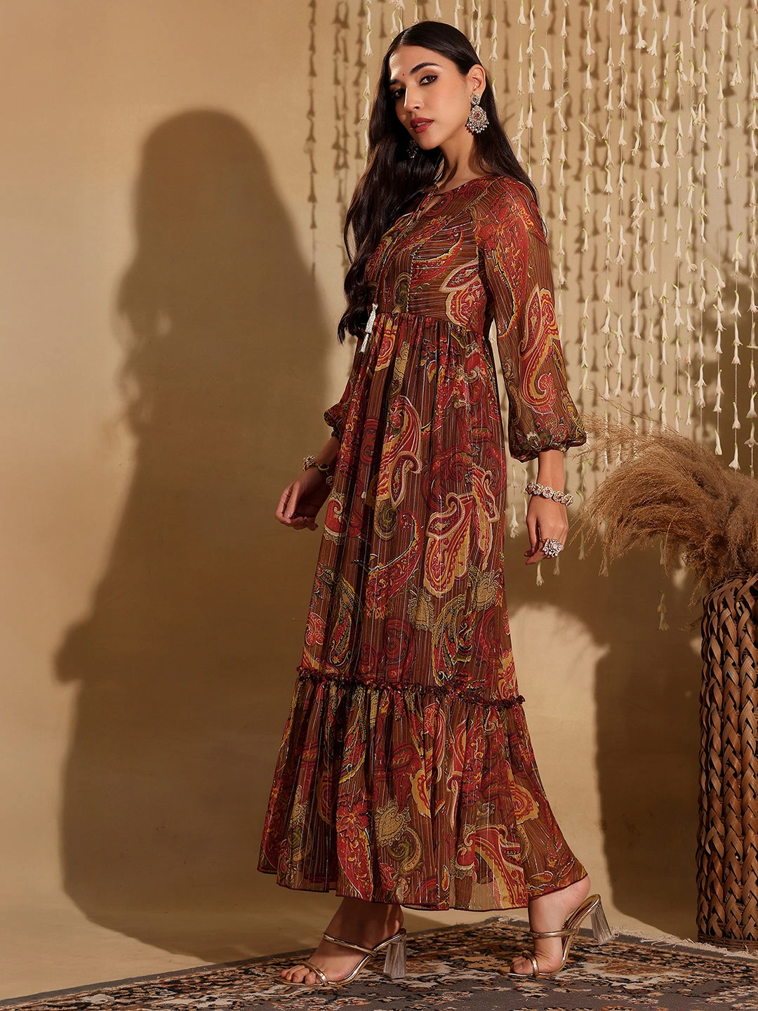 Women's Multicolored-Base-Brown Relaxed Fit Maxi Lurex Chiffon Dress Vacation Outfit