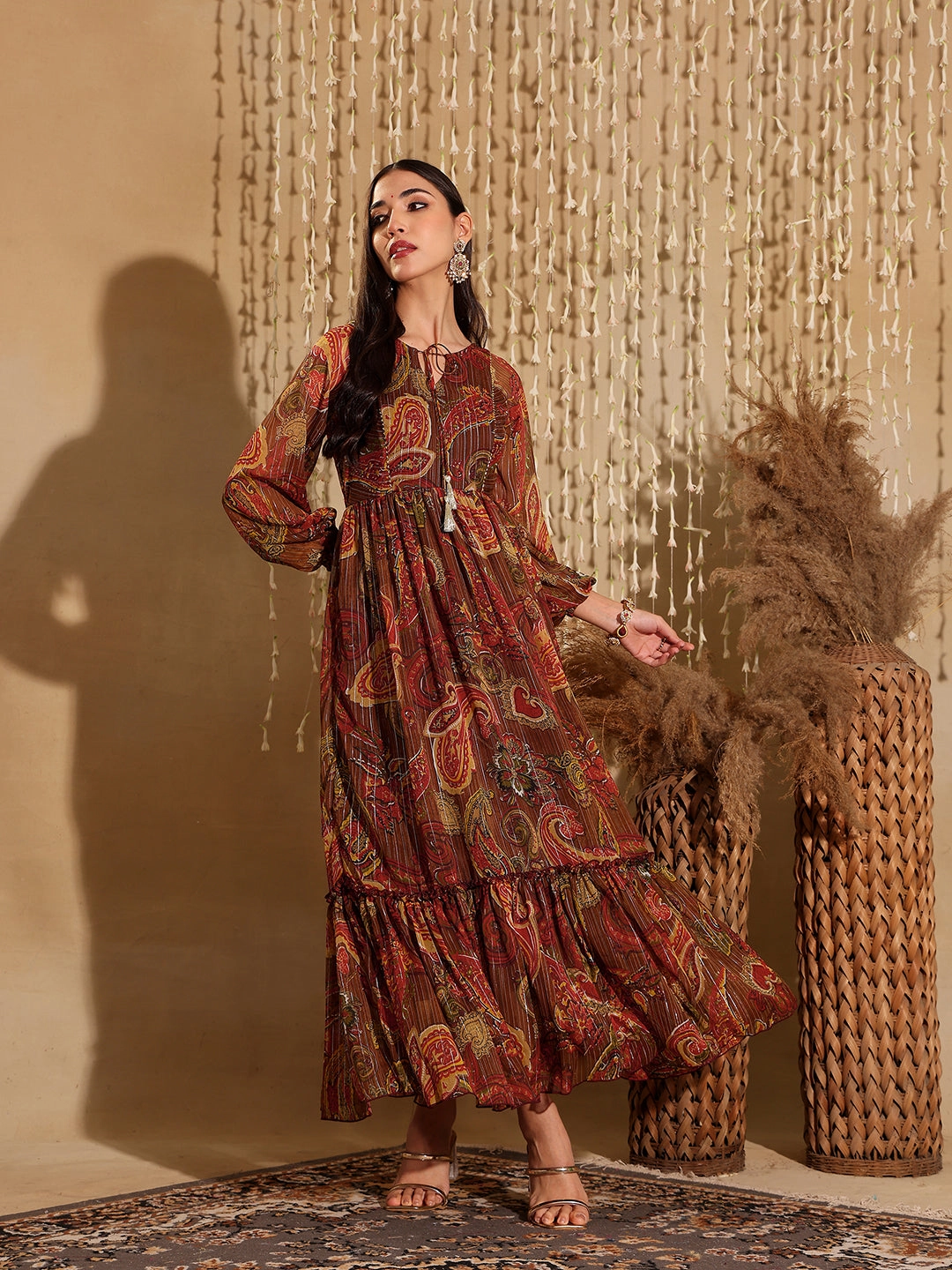 Women's Multicolored-Base-Brown Relaxed Fit Maxi Lurex Chiffon Dress Stain-Guard-Finish