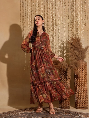 Women's Multicolored-Base-Brown Relaxed Fit Maxi Lurex Chiffon Dress Stain-Guard-Finish