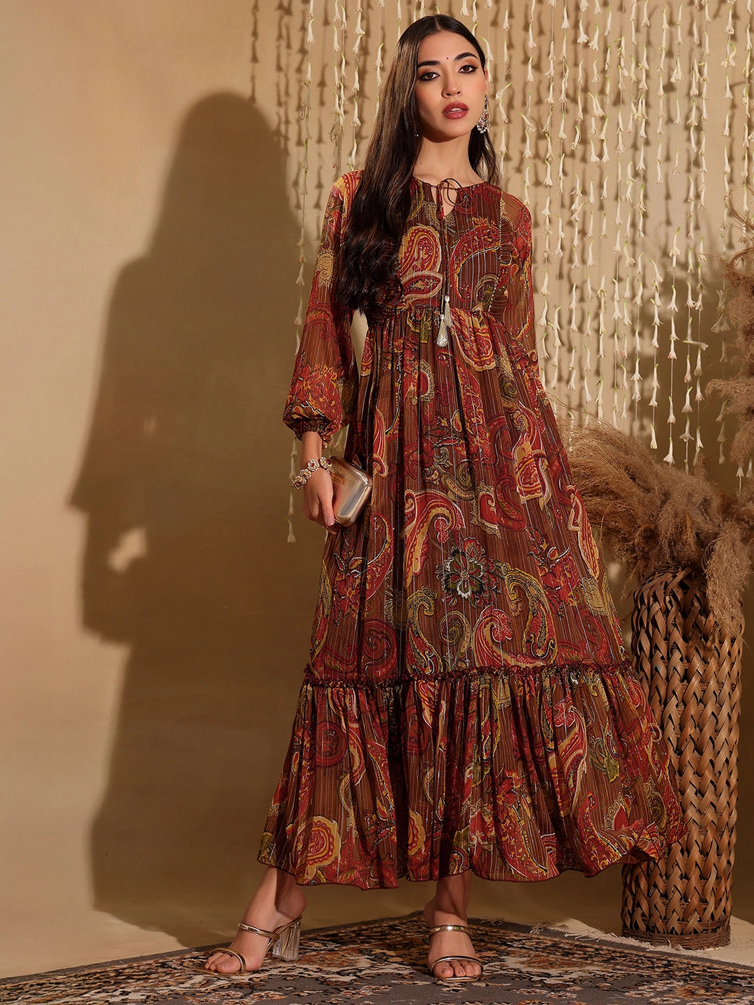 Women's Multicolored-Base-Brown Relaxed Fit Maxi Lurex Chiffon Dress All Day Look