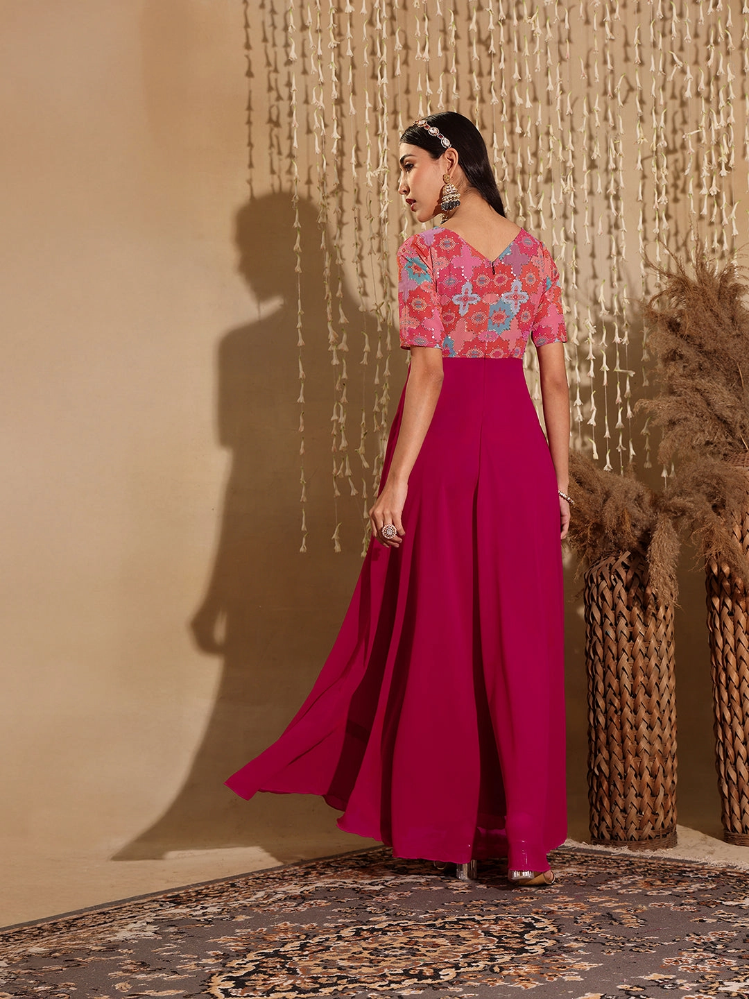 Modern Cut Smart Layer Women's Multicolored-Base-Dark Pink Boat Neck Half Sleeve Geometric Fit & Flare Georgette Maxi Dress