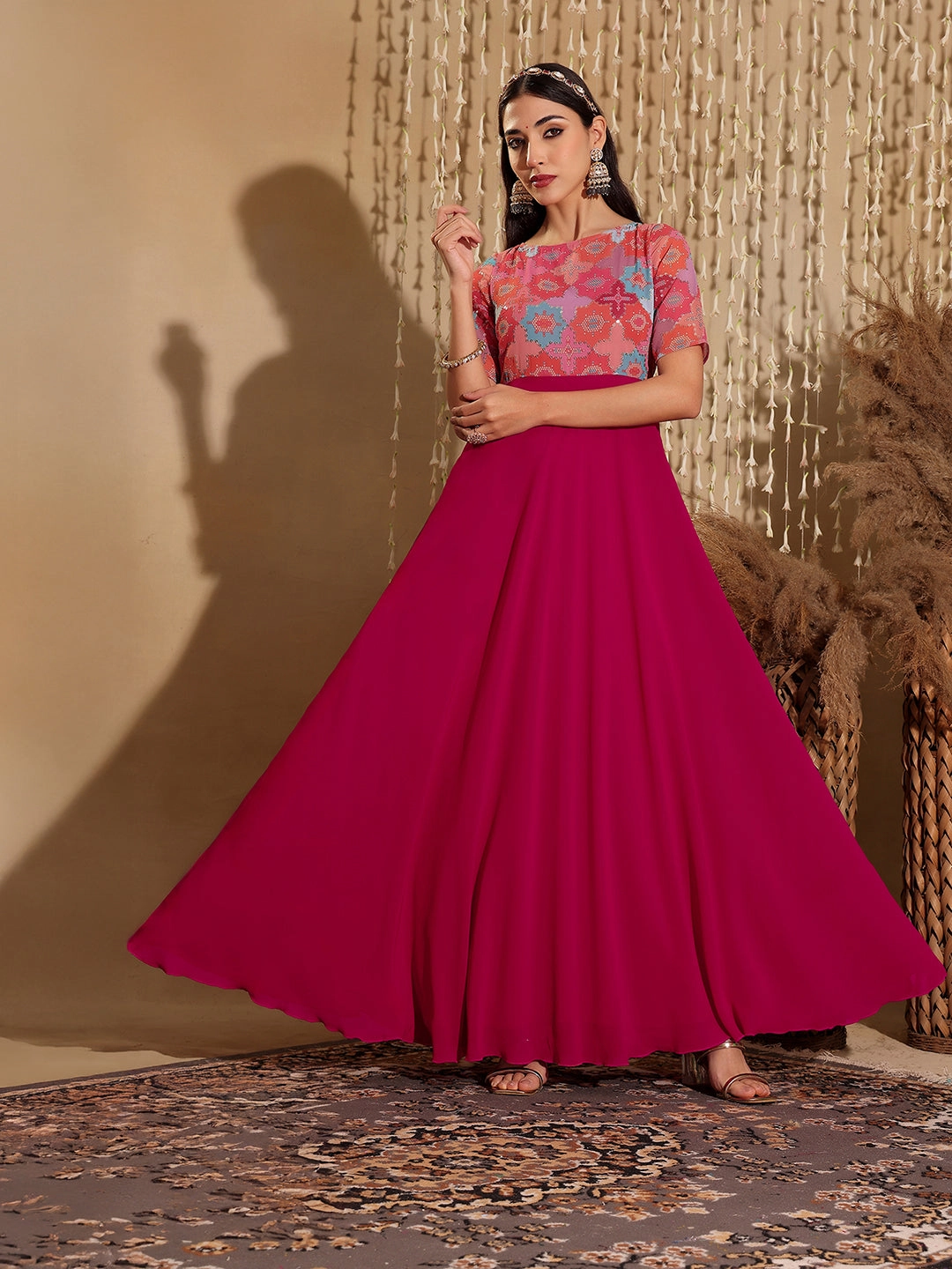 Power Soft Graceful Ease Women's Multicolored-Base-Dark Pink Boat Neck Half Sleeve Geometric Fit & Flare Georgette Maxi Dress