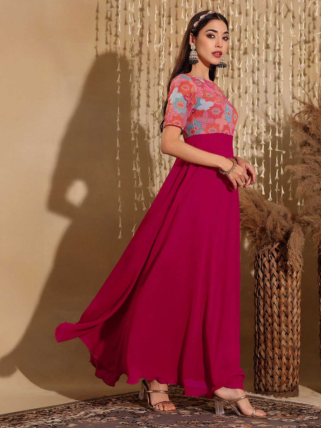 Women's Multicolored-Base-Dark Pink Boat Neck Half Sleeve Geometric Fit & Flare Georgette Maxi Dress Trendy Piece