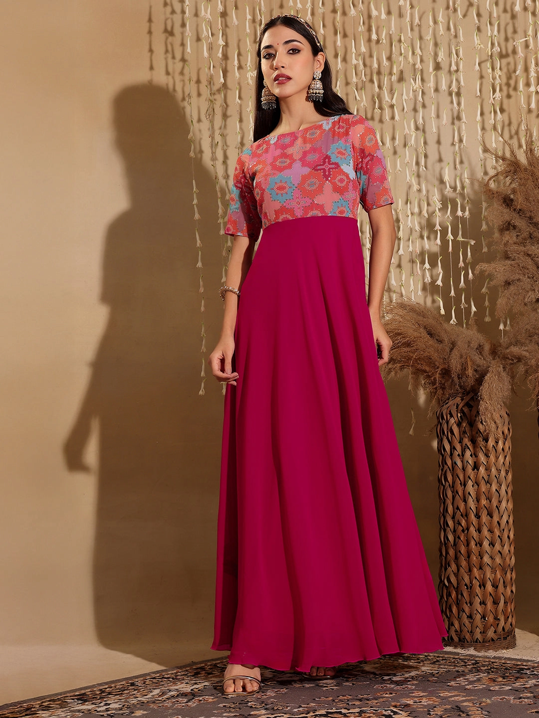 Soft and Relaxed Women's Multicolored-Base-Dark Pink Boat Neck Half Sleeve Geometric Fit & Flare Georgette Maxi Dress