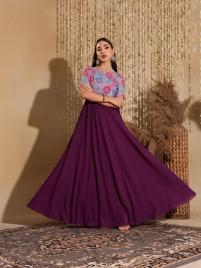 Trendy Fit Work-Ready Look Women's Multicolored-Base-Dark Purple Boat Neck Half Sleeve Geometric Fit & Flare Georgette Maxi Dress