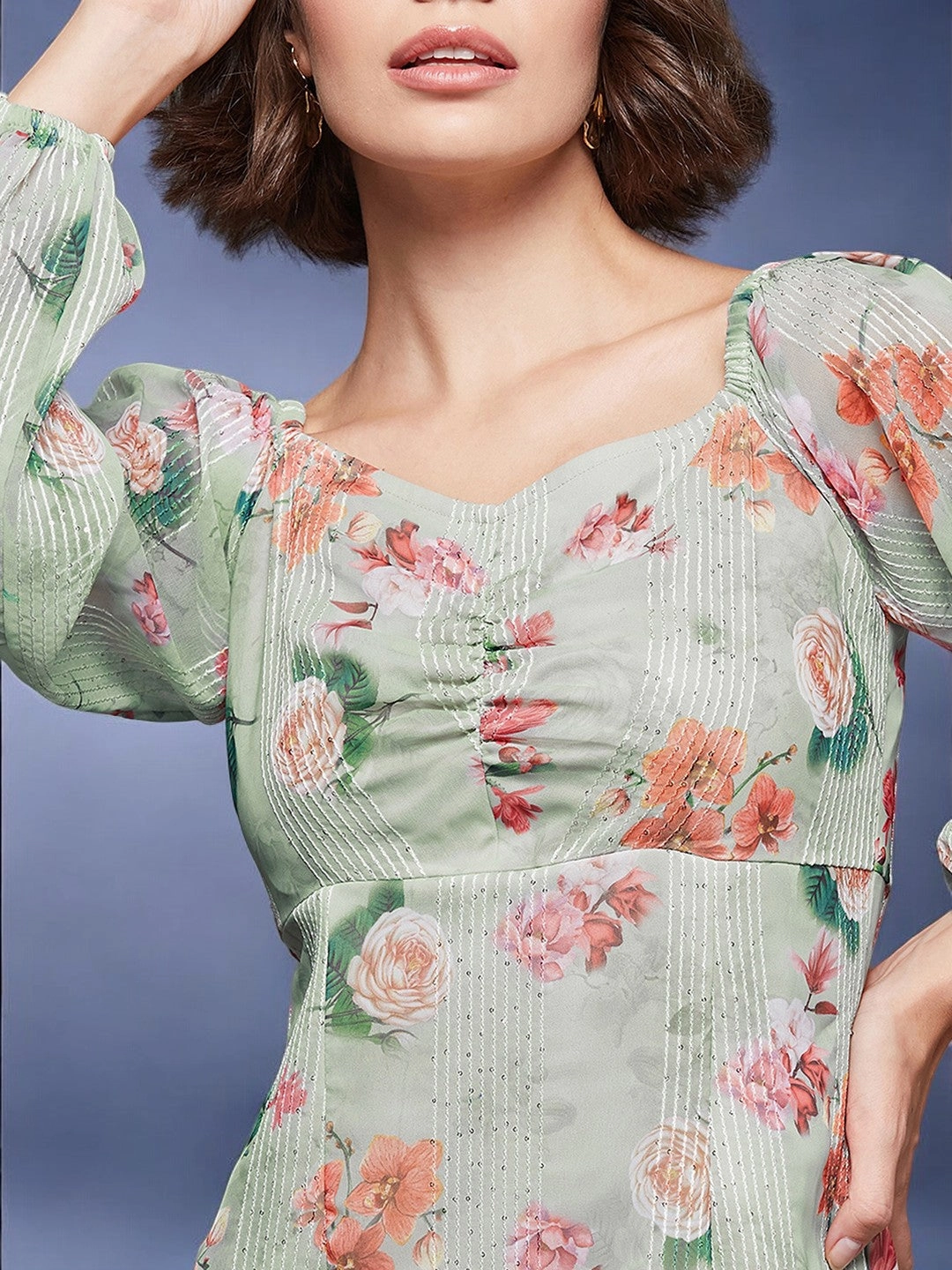 Women's Multicolored-Base-Dusty Green Sweetheart Full Sleeve Floral A-Line Midi Dress Daily Confidence