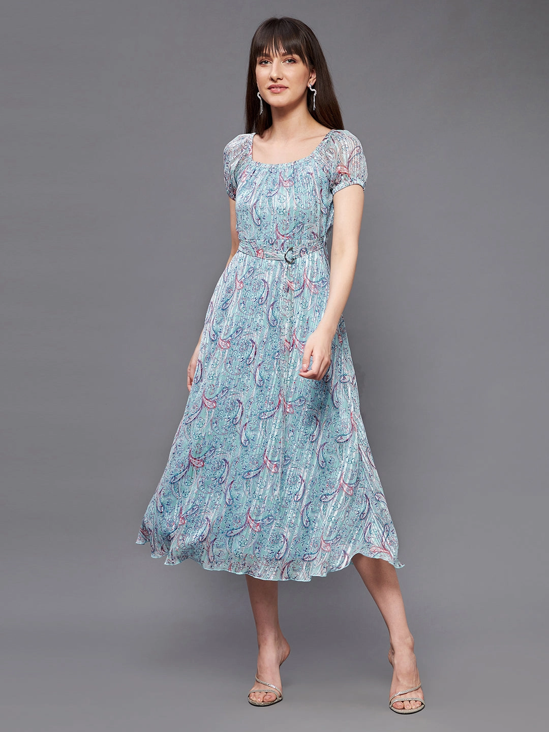 Soft Harmony Stay Cool Women's Multicolored Base-Light Blue Square Neck Short Puff Sleeve Bohemian Fit & Flare Georgette Midi Dress