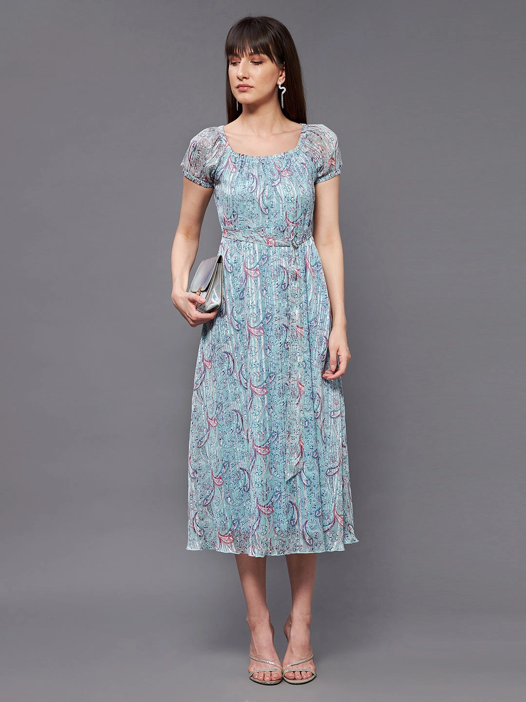 Women's Multicolored Base-Light Blue Square Neck Short Puff Sleeve Bohemian Fit & Flare Georgette Midi Dress Tie-dye Lightweight-Layer