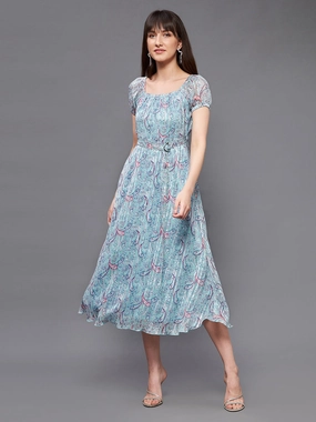 Soft Harmony Stay Cool Women's Multicolored Base-Light Blue Square Neck Short Puff Sleeve Bohemian Fit & Flare Georgette Midi Dress