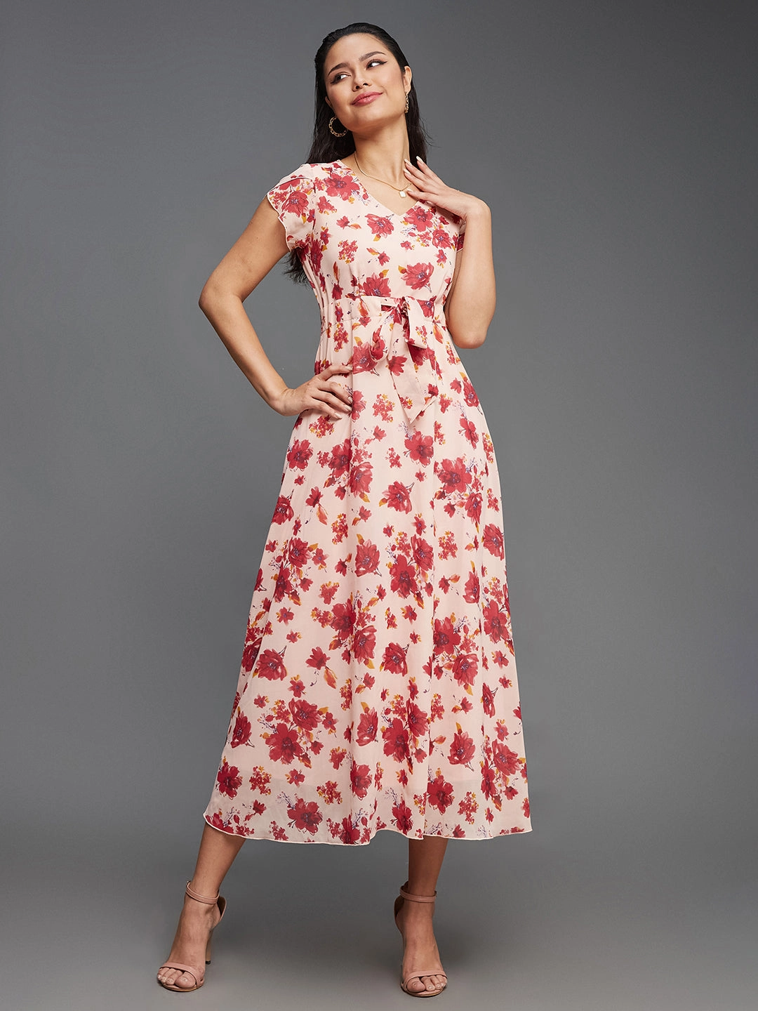 Sleeveless Cut Layered Form Women's Multicolored-Base-Light Pink V-Neck Short Sleeved Floral Pleated Midi Dress