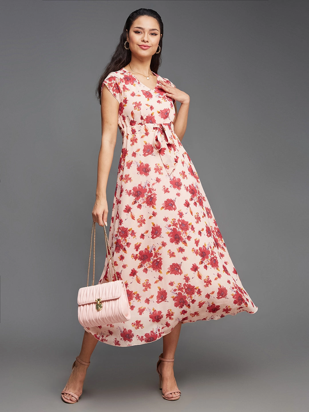 Women's Multicolored-Base-Light Pink V-Neck Short Sleeved Floral Pleated Midi Dress Gathered Skirt