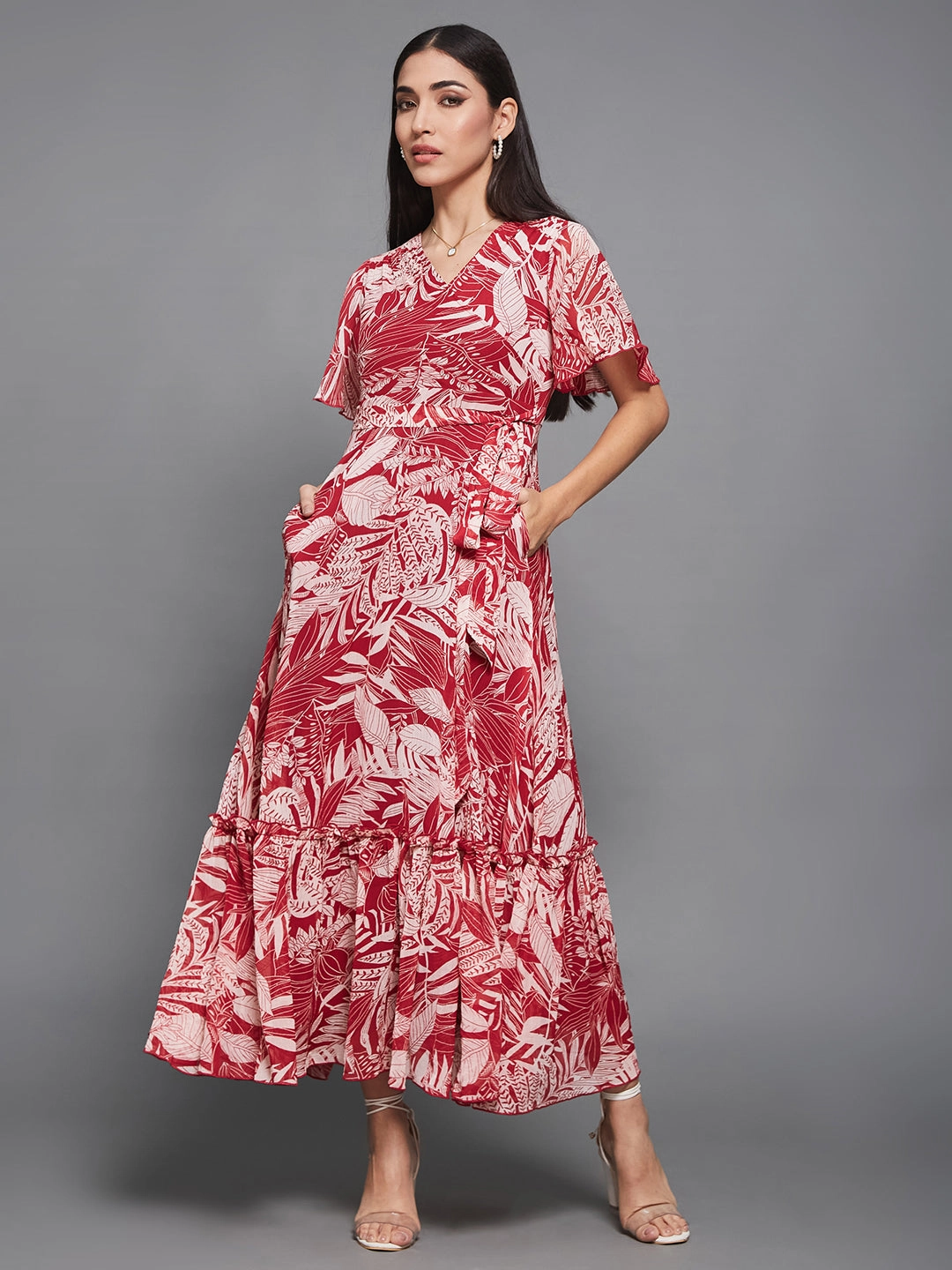 Women's Multicolored Base Maroon V-Neck Flared-Sleeve Floral Wrap Maxi Dress Drawstring-Closure