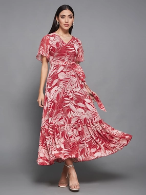 Soft Stitch Women's Multicolored Base Maroon V-Neck Flared-Sleeve Floral Wrap Maxi Dress