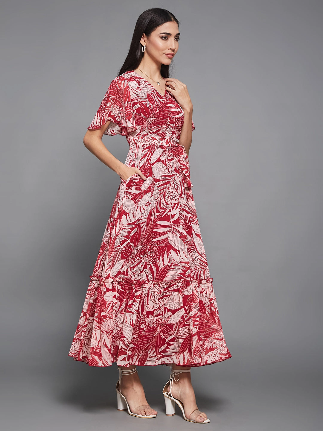 Women's Multicolored Base Maroon V-Neck Flared-Sleeve Floral Wrap Maxi Dress Slim Touch