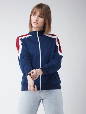 Multi Directional Stretch Windproof Closure Women's Multicolored-Base-Navy Blue Turtle-neck Full sleeves Solid Color-Block Regular Jacket