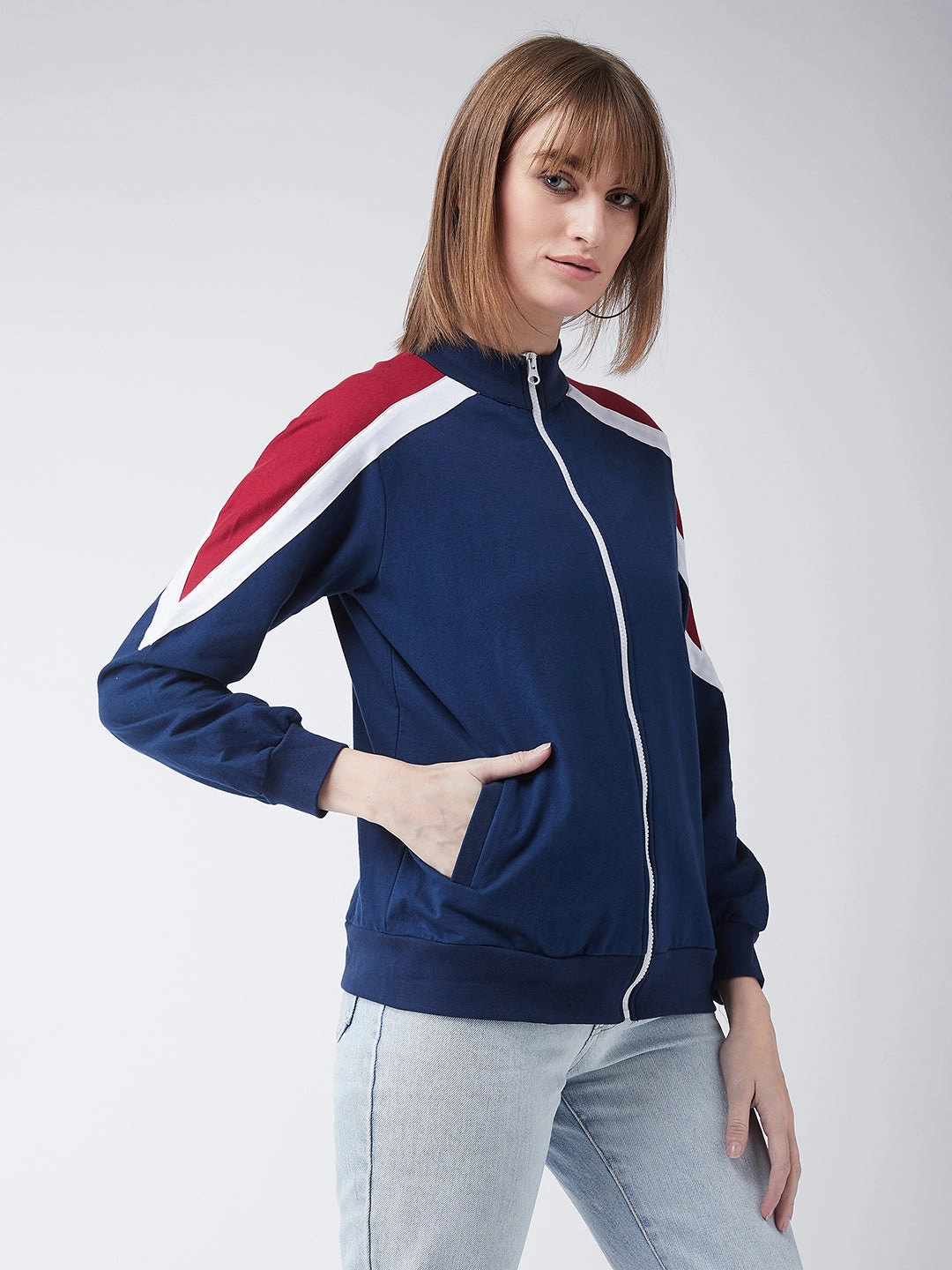 Women's Multicolored-Base-Navy Blue Turtle-neck Full sleeves Solid Color-Block Regular Jacket Abrasion Proof Shoulders Stretch Comfort Fit