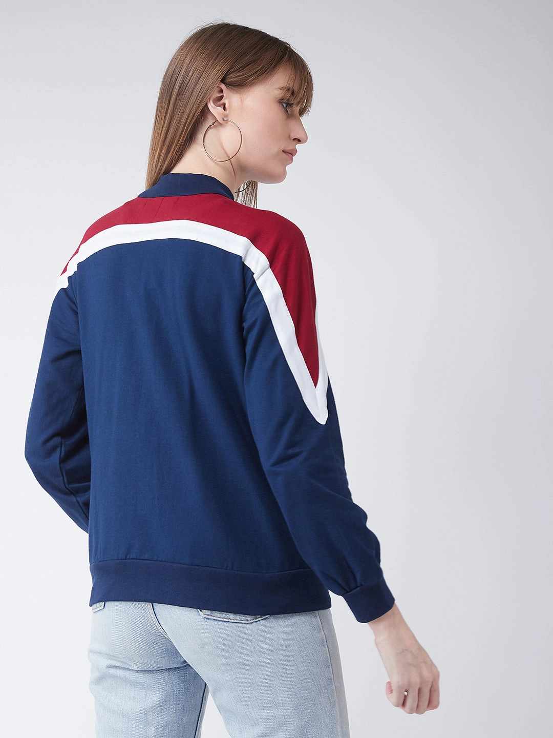 Women's Multicolored-Base-Navy Blue Turtle-neck Full sleeves Solid Color-Block Regular Jacket Detachable Components