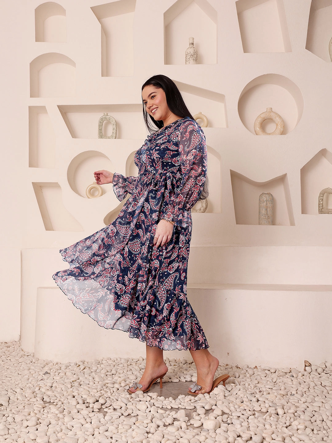 Fluid Fabric Women's Multicolored-Base-Navy Blue V-Neck Full Sleeves  Relaxed-Fit Midi Length Dress