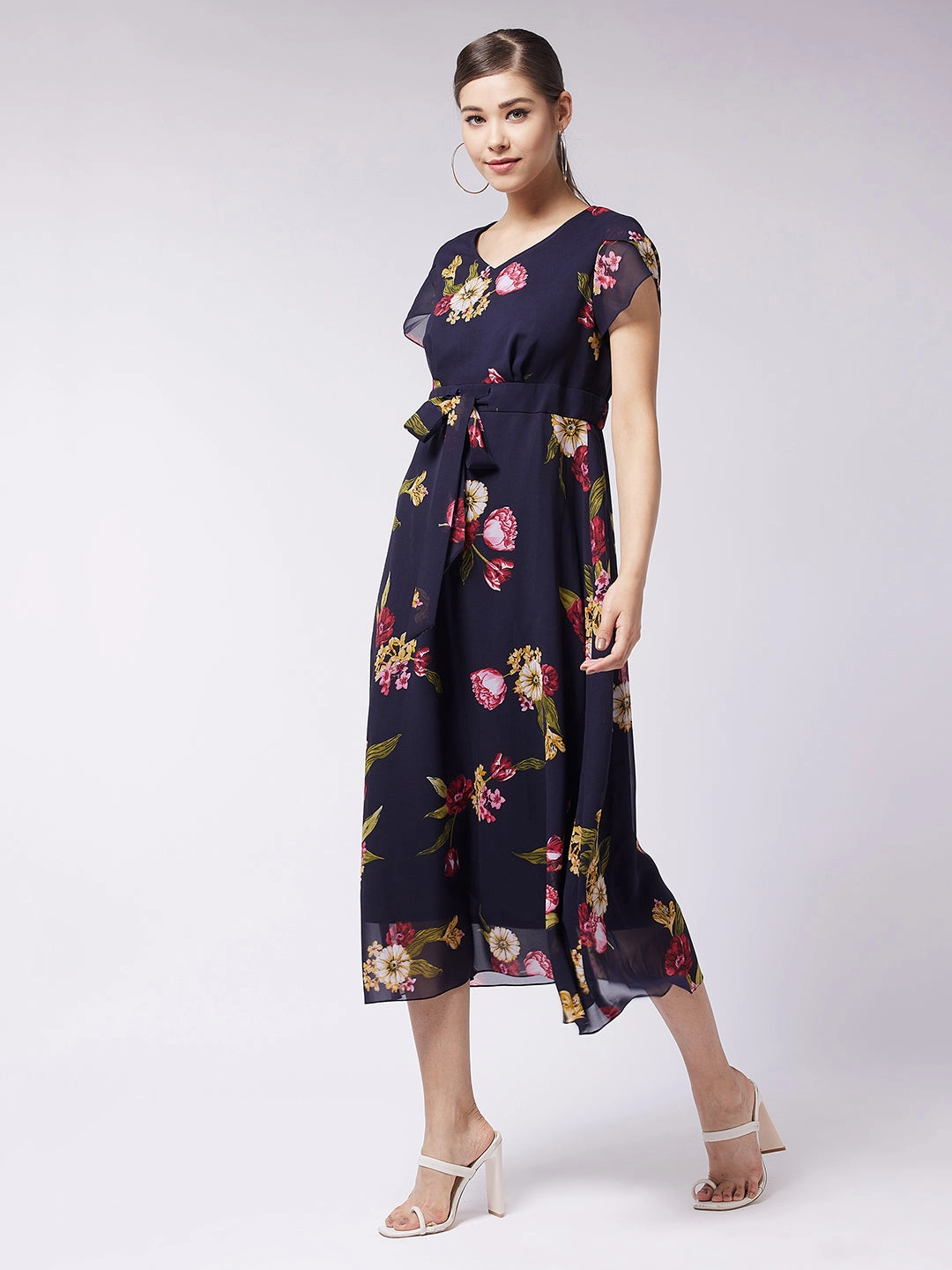 Quick Outfit Wedding guest Women's Multicolored-Base-Navy Blue V-Neck Short Sleeve Floral Pleated Midi Dress