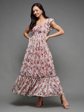 Soft Layering Women's Multicolored-Base-Off White Square Neck Layered Ruffles Sleeve Floral Patterned Tiered Maxi Georgette Dress