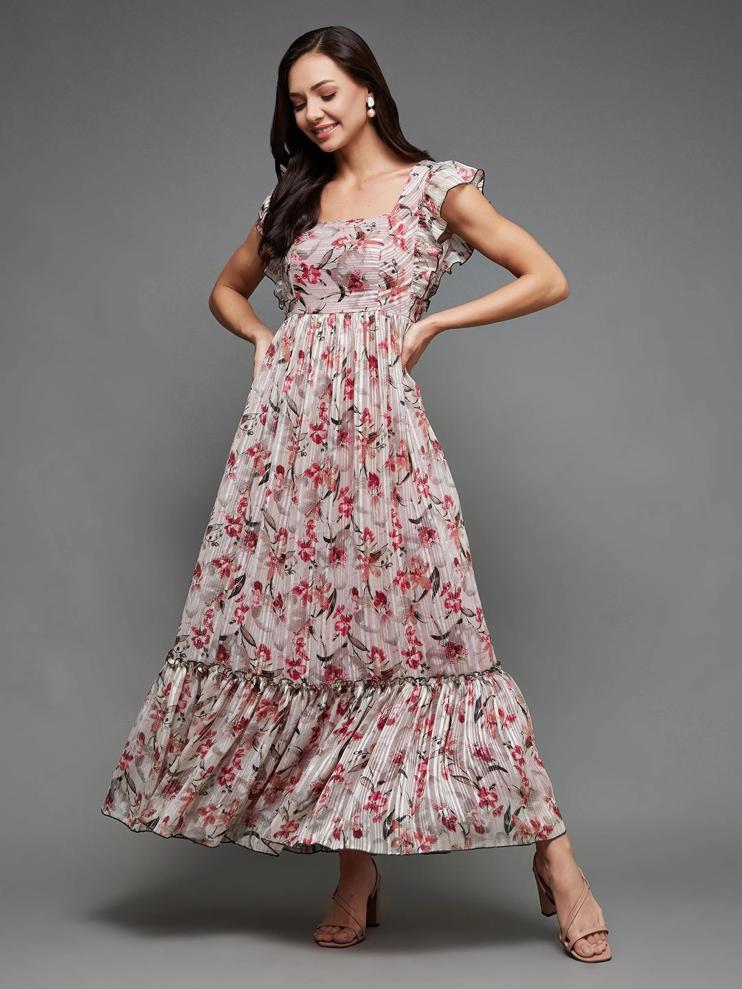 Soft Layering Women's Multicolored-Base-Off White Square Neck Layered Ruffles Sleeve Floral Patterned Tiered Maxi Georgette Dress