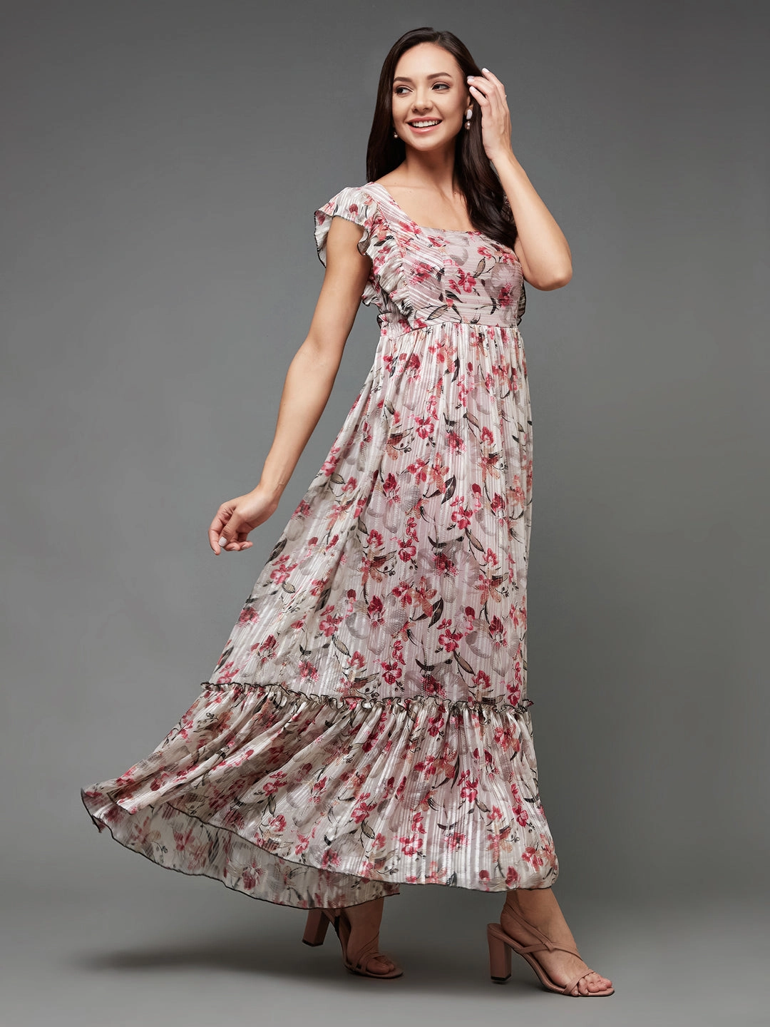 Versatile sundress Chilly Day Wear Women's Multicolored-Base-Off White Square Neck Layered Ruffles Sleeve Floral Patterned Tiered Maxi Georgette Dress