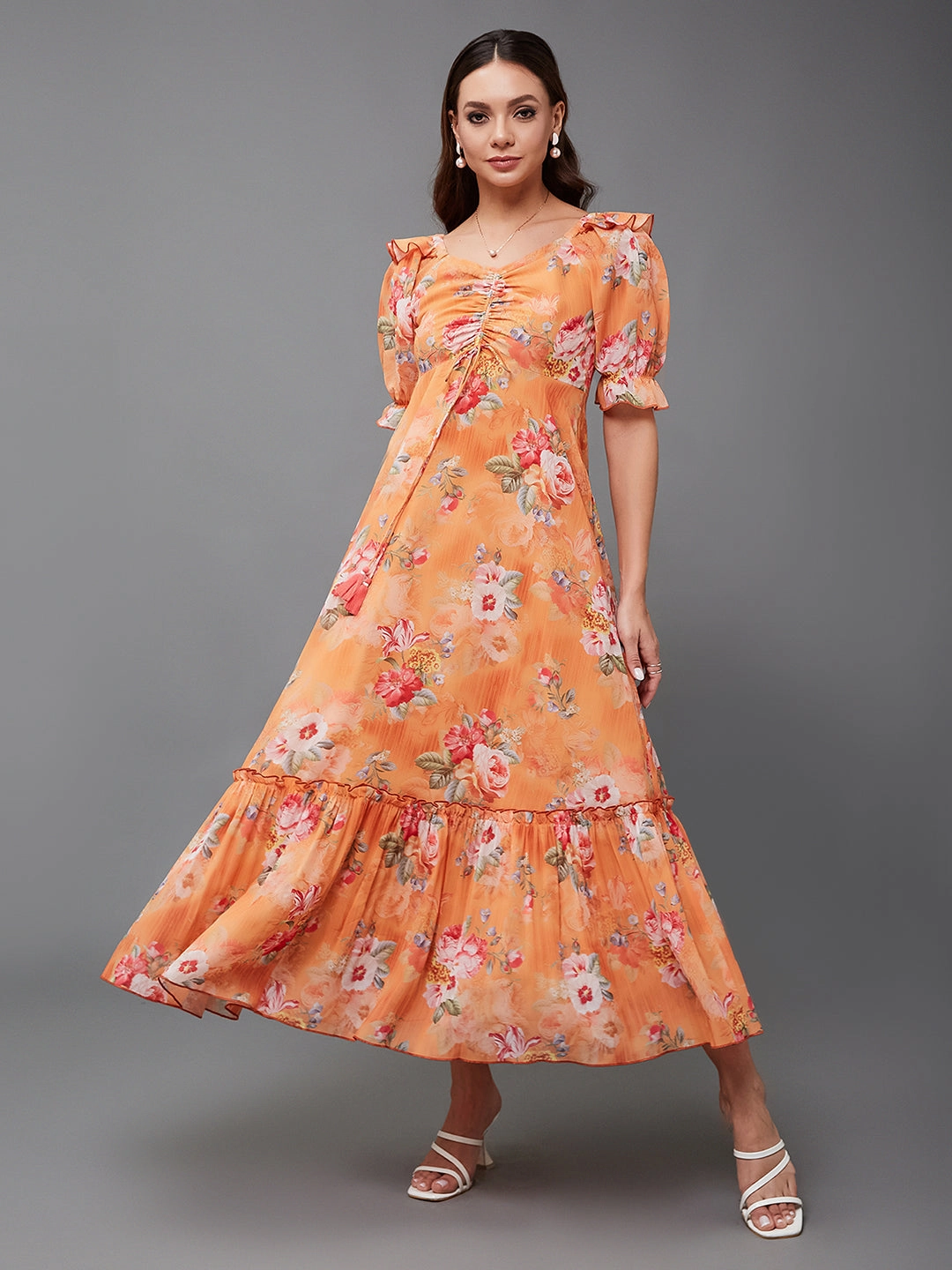 Women's Multicolored-Base-Orange V-Neck Puff Sleeve Floral Ruching Ankle-Length Dress Luxe Appeal Smile Soft