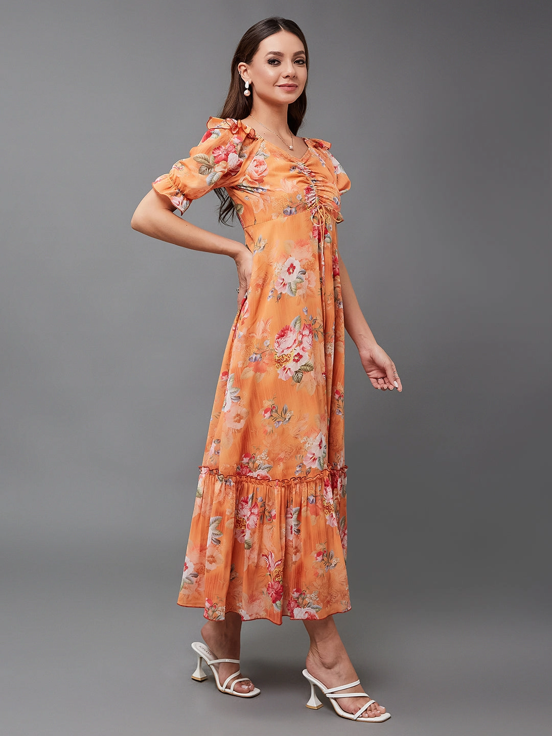 Women's Multicolored-Base-Orange V-Neck Puff Sleeve Floral Ruching Ankle-Length Dress Sleek Design Fit