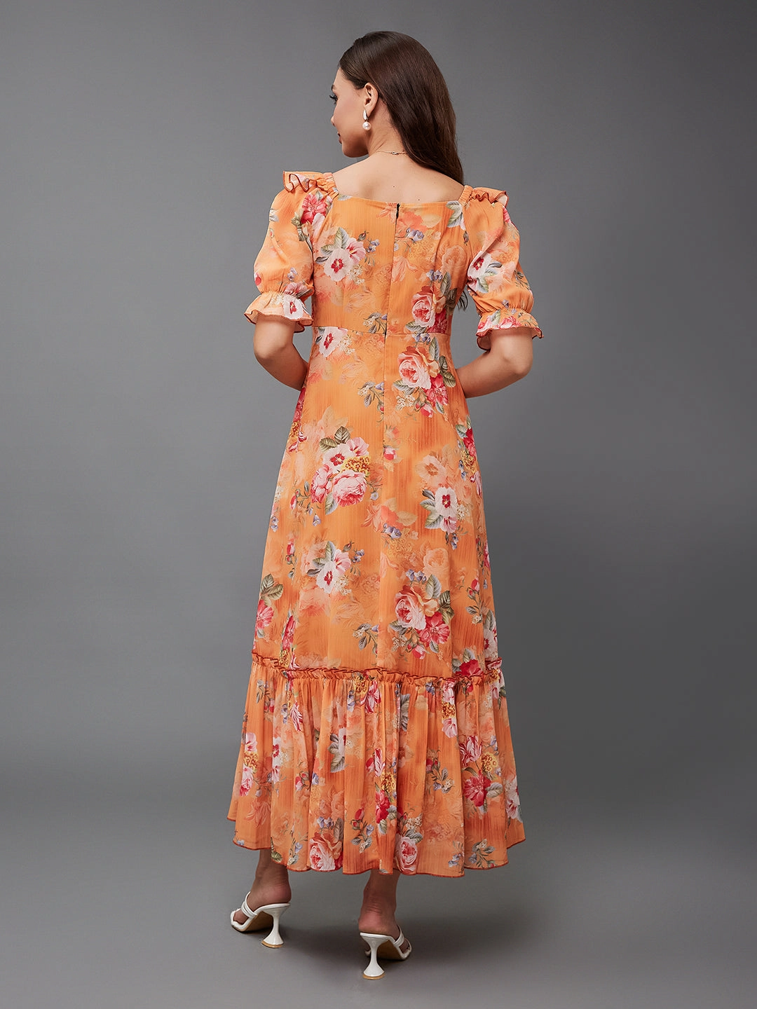 All-Purpose Comfort Garden Fresh Women's Multicolored-Base-Orange V-Neck Puff Sleeve Floral Ruching Ankle-Length Dress