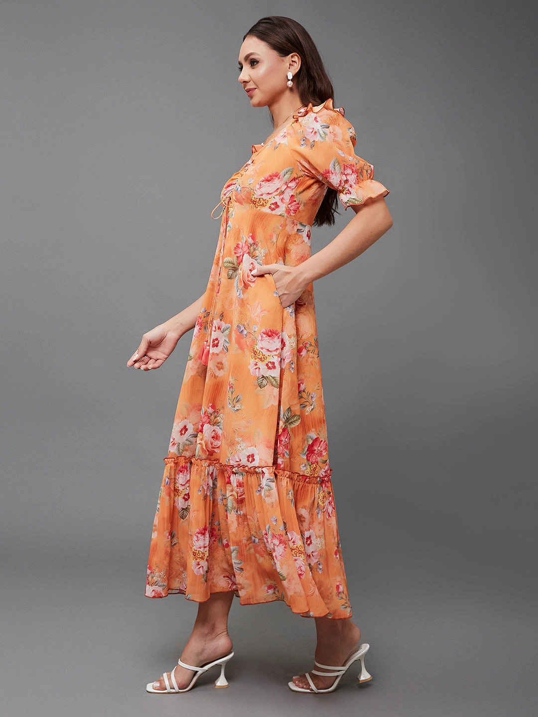 Timeless Look Wear Women's Multicolored-Base-Orange V-Neck Puff Sleeve Floral Ruching Ankle-Length Dress