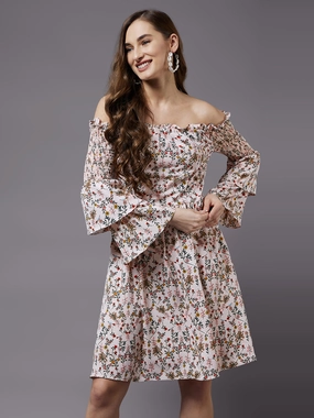 Women's Multicolored-Base-Peach Off-Shoulder 3/4 Sleeve Floral Bardot MiniDress Slender Look