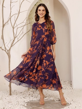 Women's Multicolored-Base-Purple V-Neck 3/4 Sleeve Floral Wrap Chiffon Midi Dress Tasteful Detail