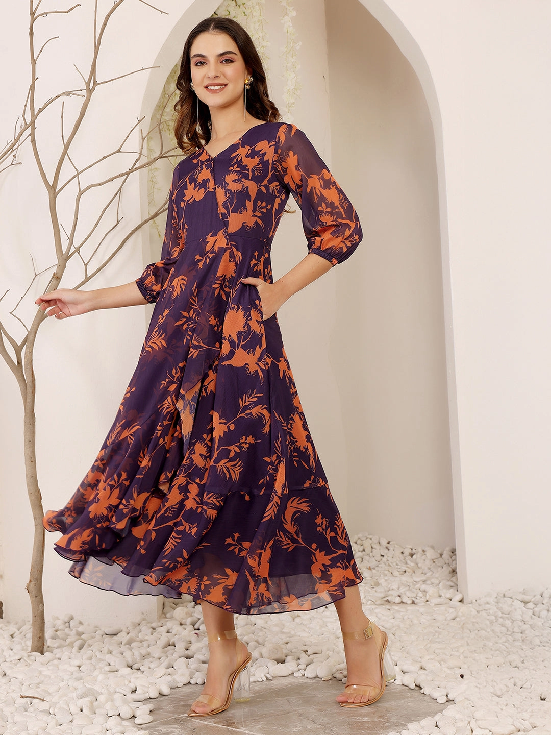 Refined Aesthetic Women's Multicolored-Base-Purple V-Neck 3/4 Sleeve Floral Wrap Chiffon Midi Dress