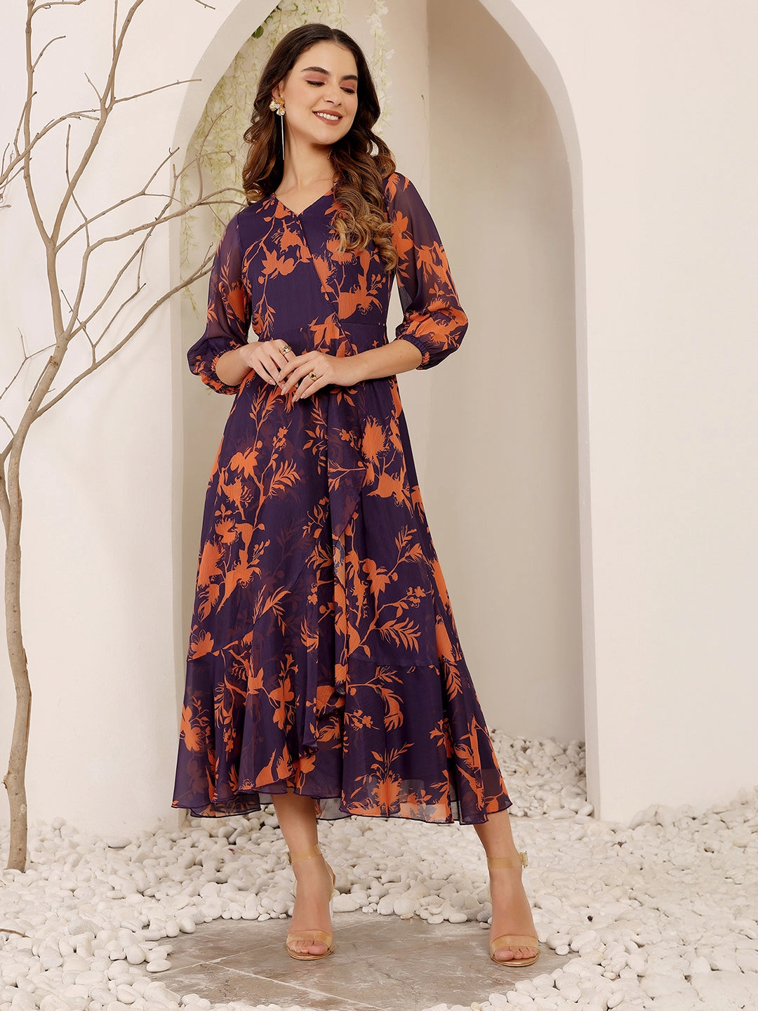Work-Ready Look Women's Multicolored-Base-Purple V-Neck 3/4 Sleeve Floral Wrap Chiffon Midi Dress