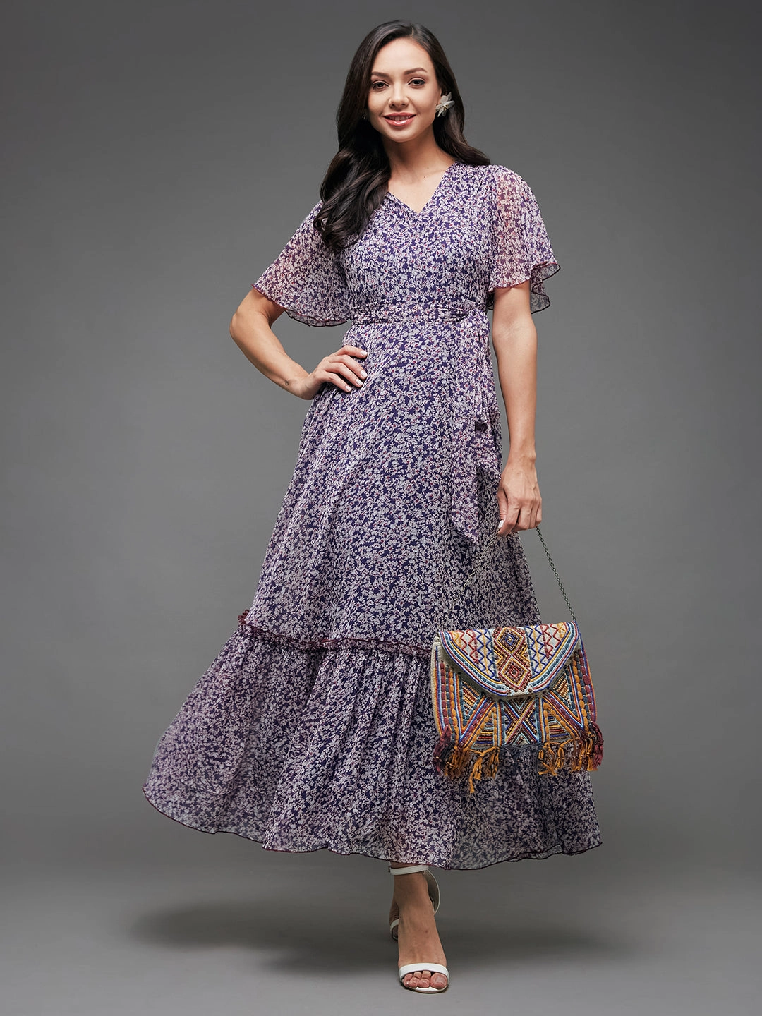 Flowing Lines Women's Multicolored-Base-Purple V Neck Flared Sleeve Floral Wrap Chiffon Maxi Dress