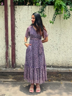 Versatile sundress Stylish Mood Women's Multicolored-Base-Purple V Neck Flared Sleeve Floral Wrap Chiffon Maxi Dress
