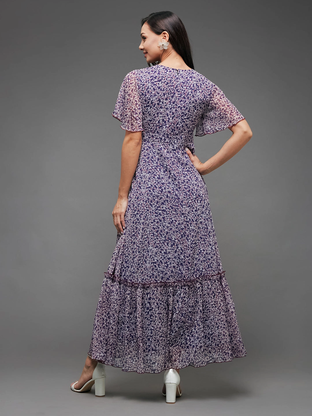 Graduation-Event Women's Multicolored-Base-Purple V Neck Flared Sleeve Floral Wrap Chiffon Maxi Dress