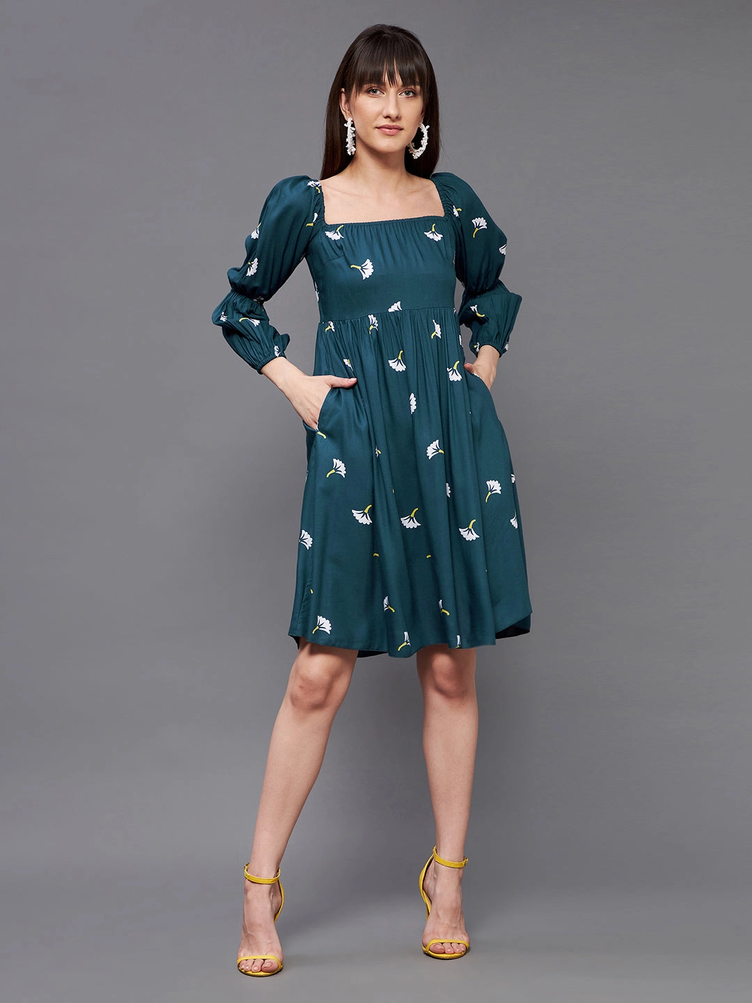 Dance-Party Formal Style Women's Multicolored-Base-Teal Square  Bishop Sleeve Viscose Rayon Floral Gathered Above Knee Dress