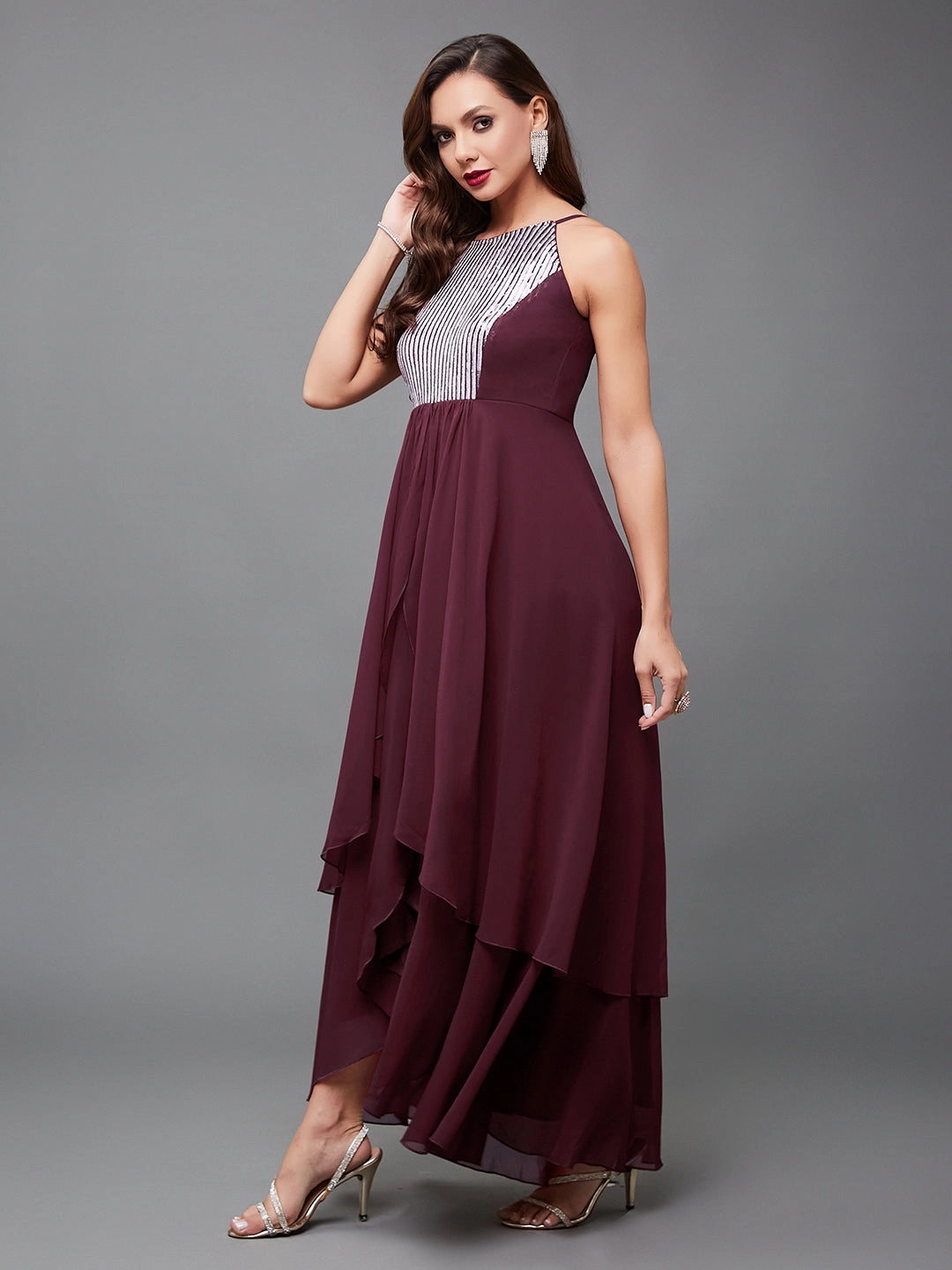 Women's Multicolored-Base-Wine Halter Neck Sleeveless Embellished Layered Georgette Maxi Dress Casual and Comfy